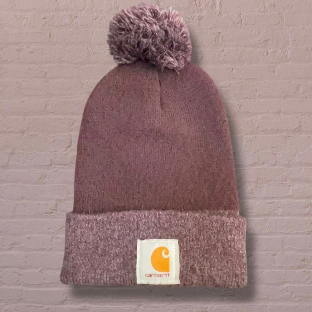 Carhartt Mauve Purple Pom Beanie Hat Unisex Cuffed Knit Winter Ski Cap USA Made